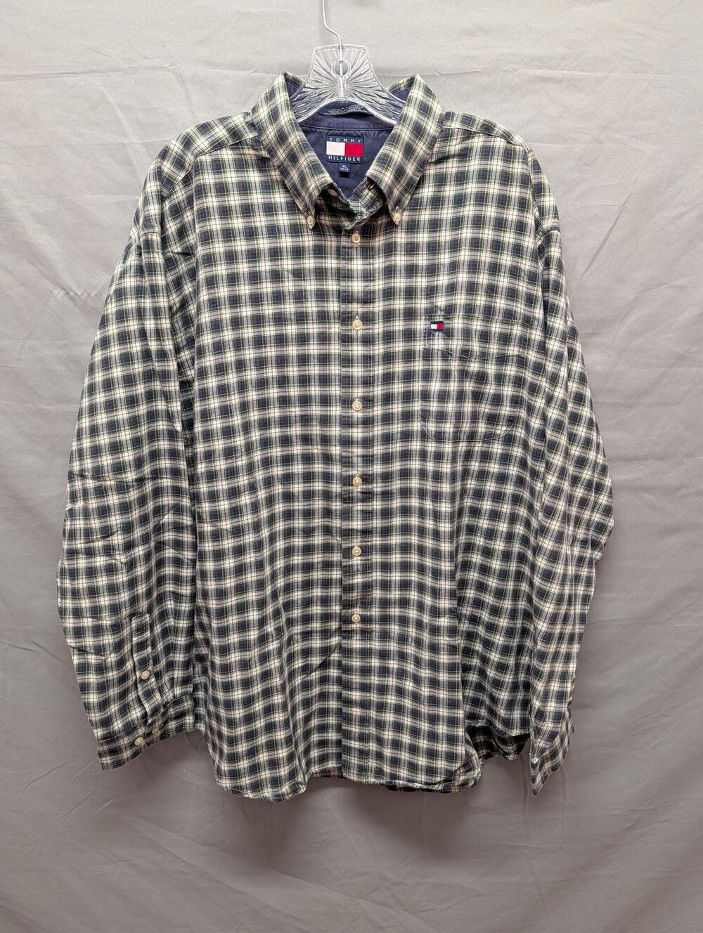 Tommy Hilfiger Shirt Mens XL Green Navy Plaid Button Down Long Sleeve Flag Logo